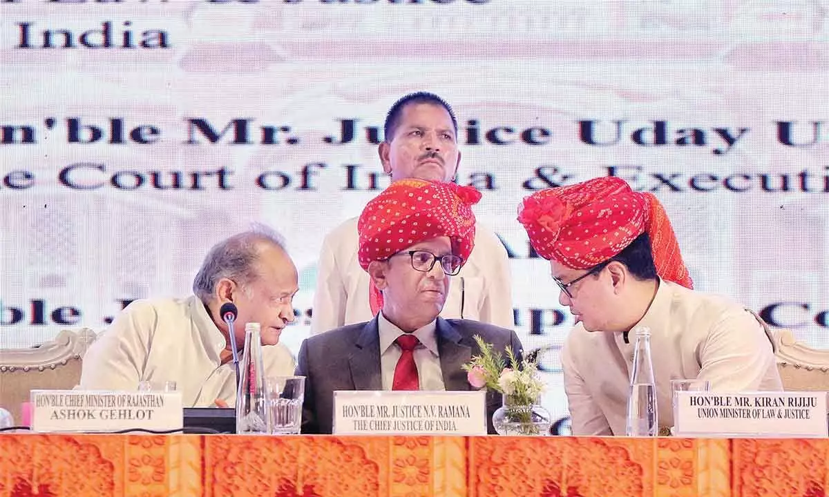 Chief Justice of India NV Ramana, Rajasthan Chief Minister Ashok Gehlot, Union Law & Justice Minister Kiren Rijiju during the 18th All India Legal Services Authorities Meet, organised by National Legal Services Authority (NALSA), in Jaipur on Saturday