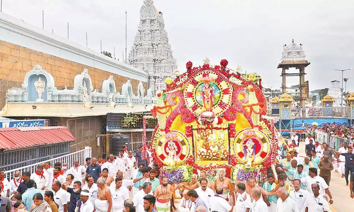 On the occasion of Anivara Asthanam held at Tirumala temple on Sunday, the processional deity Malayappa flanked by His consorts was taken in a procession on Pushpa Pallaki in the four Mada streets around the Tirumala temple on Sunday
