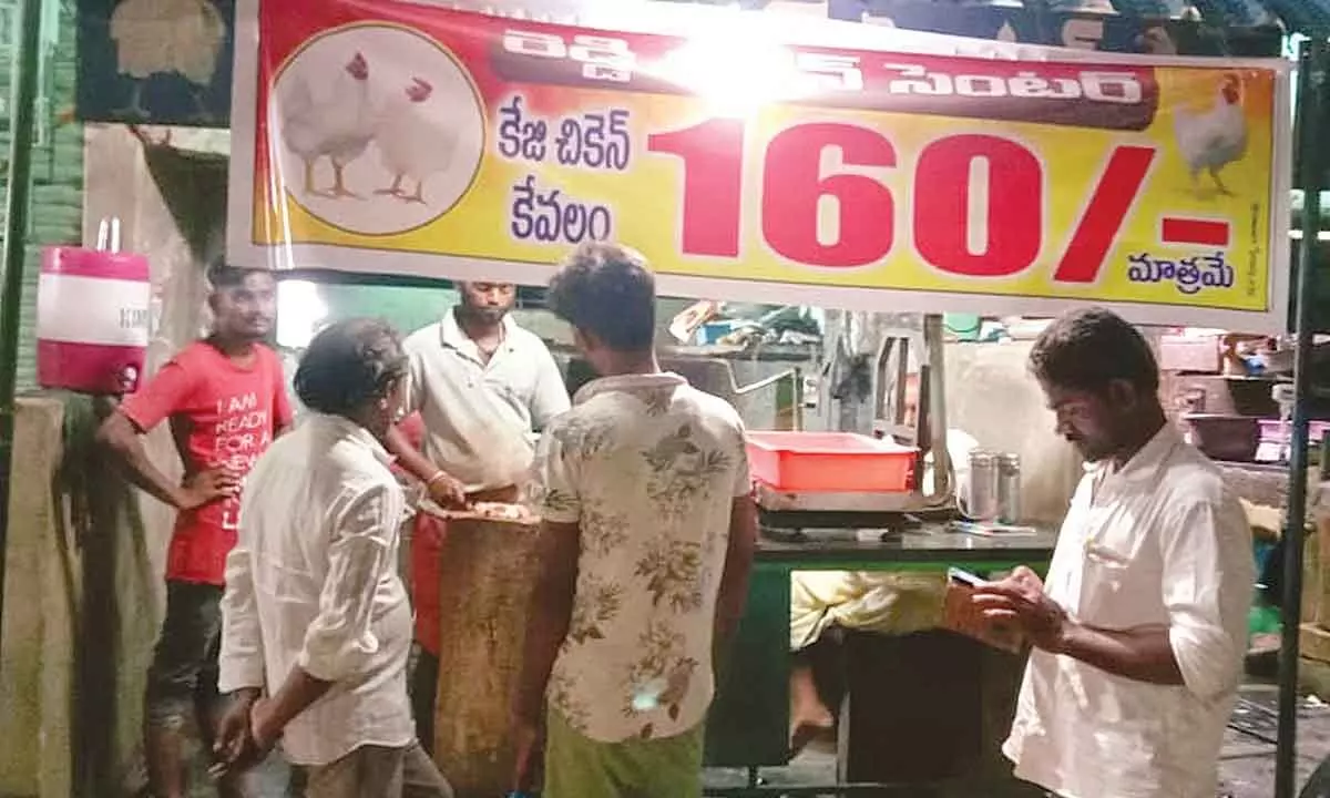 Chicken being sold at Rs 160 a kg in Banaganapalle on Sunday.