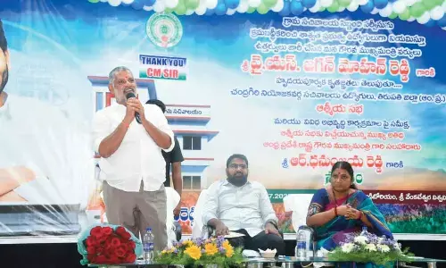 Chandragiri MLA Chevireddy Bhaskar Reddy addressing the village secretariat staff at SV University auditorium in Tirupati on Sunday. CM advisor R Dhanunjaya Reddy and TUDA secretary S Lakshmi are also seen.