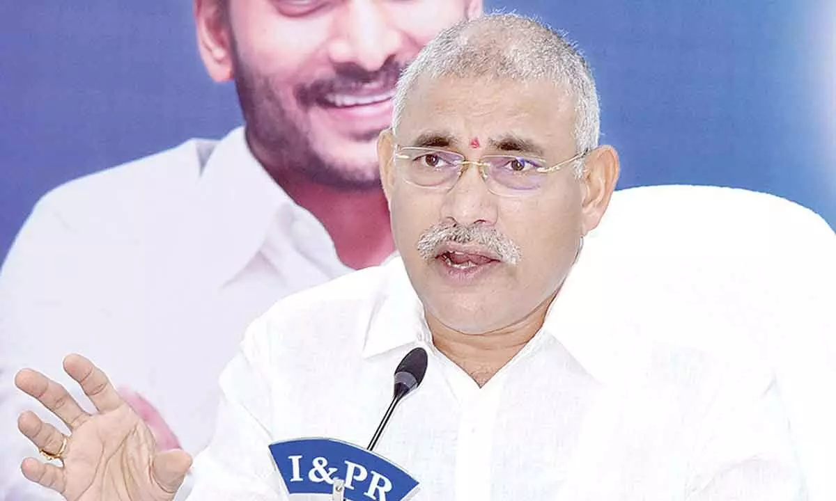 Minister for I&PR  and BC welfare Ch Srinivasa Venugopala Krishna addressing a press conference at the Secretariat on Monday