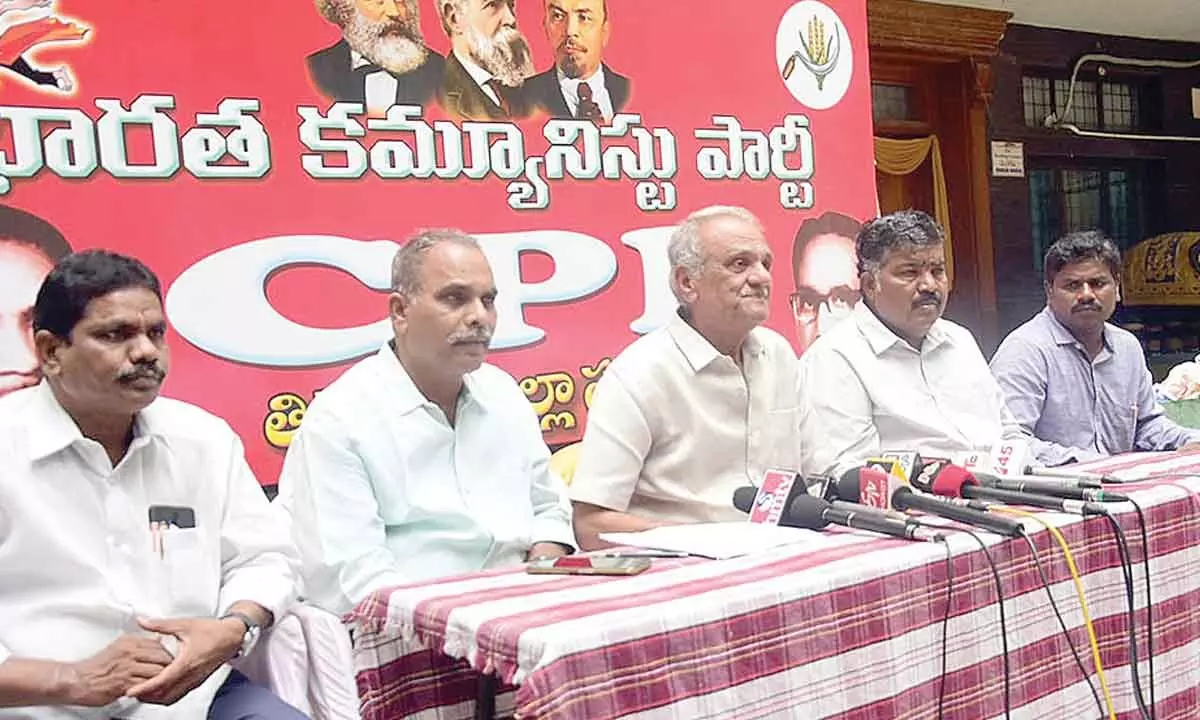CPI national secretary K Narayana addressing mediapersons at the party office in Tirupati on Monday