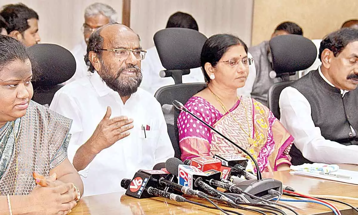 YSRCP Rajya Sabha members Goddeti Madhavi, R Krishnaiah, Dr Venkata Satyavathi and B Masthan Rao speaking to the media at AP Bhavan in New Delhi on Monday