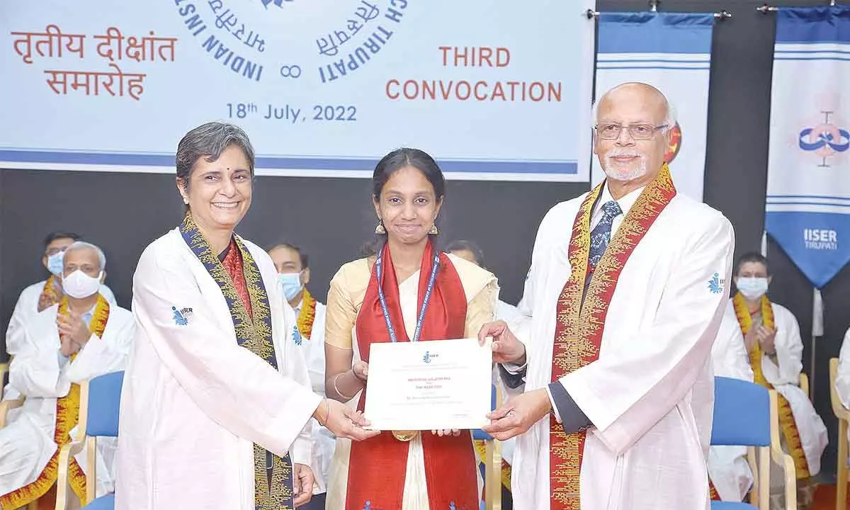Eminent medical researcher Prof Gagandeep Kang and IISER Director Prof KN Ganesh presenting Institute gold medal to Deevitha Balasubramanian at the convocation on Monday