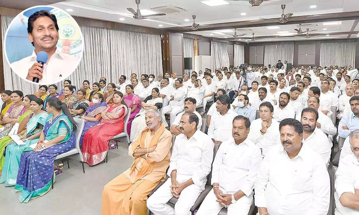 Chief Minister Y S Jagan Mohan Reddy addressing the second workshop on ‘Gadapa Gadapaku Mana Prabhutvam’ programme at his camp office in Tadepalli on Monday