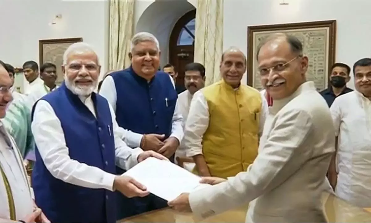 PM Narendra Modi with NDAs vice-presidential candidate Jagdeep Dhankhar, Defence Minister Rajnath Singh, Union Minister Nitin Gadkari and BJP president J P Nadda during the filing of nomination papers on Monday