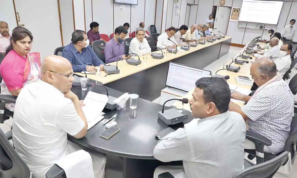 TTD EO A V Dharma Reddy in a meeting with senior officials at TTD Administrative building at Tirupati on Monday