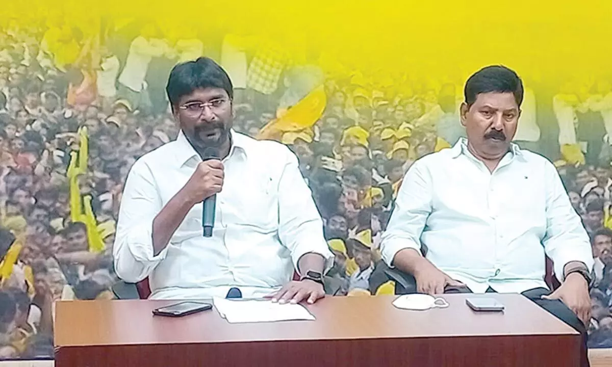 Former minister and TDP state leader Kondru Murali speaking at a media conference in Visakhapatnam on Tuesday