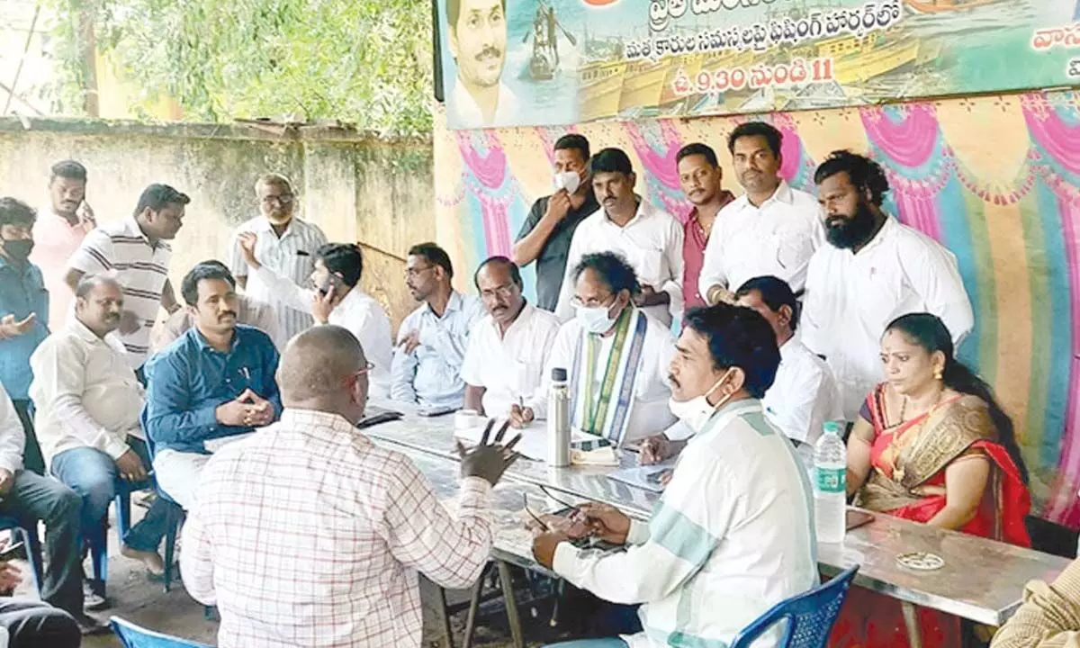 South constituency MLA Vasupalli Ganesh Kumar receiving petitions from the locals at ‘Prajadarbar’ in Visakhapatnam on Tuesday