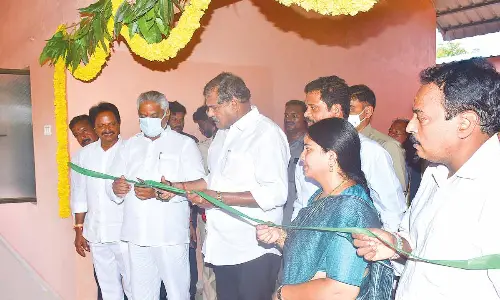 Minister for Education Botcha Satyanarayana, Mayor Rayana Bhagyalashmi and MLA Malladi Vishnu inaugurating classrooms at Andhra Kesari Tanguturi Prakasam Pantulu Municipal Corporation School in Vijayawada on Tuesday  								Photo: Ch Venkata Mastan