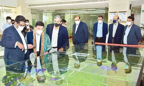 Sri City MD Ravindra Sannareddy explaining the features of the business city to Daikin Industries senior executive officer Yoshihiro Mineno on Tuesday