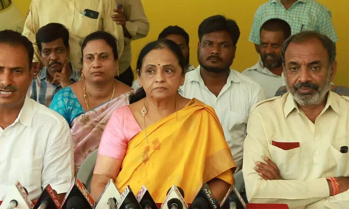Former MLA M Suguna addressing media persons at her residence in Tirupati on Wednesday