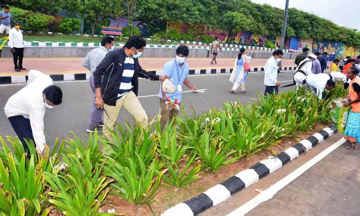 GVMC Commissioner G Lakshmisha cleaning the median at the beach road in Visakhapatnam on Wednesday