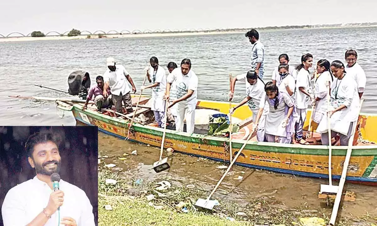Locals and students cleaning Godavari ghats (File photo); MP Margani Bharat Ram (Inset Pic)