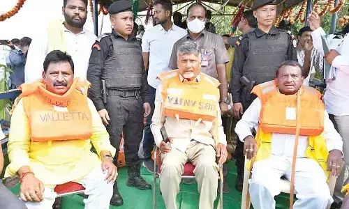 TDP chief N Chandrababu Naidu and party leaders during his visit to flood-affected areas in West Godavari district on Thursday