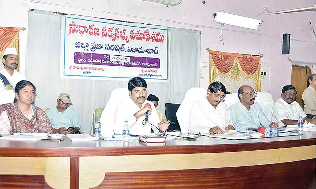Collector Narayana Reddy addressing ZP general body meeting  in Nizamabad on Friday