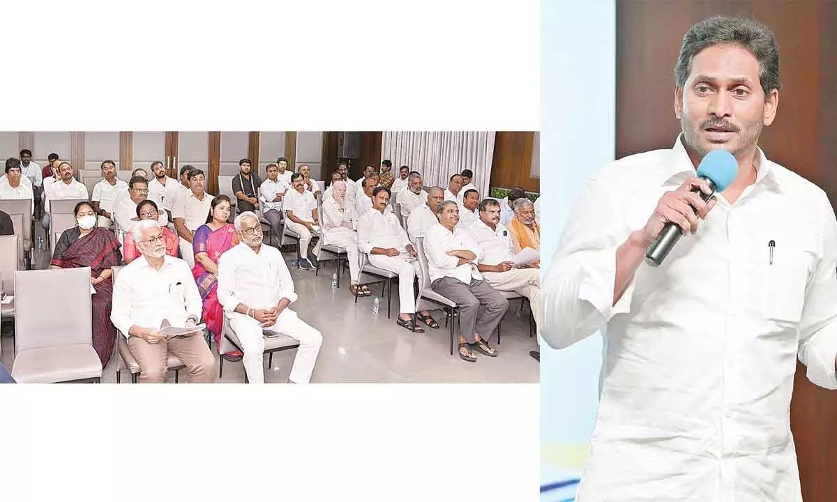 Chief Minister Y S Jagan Mohan Reddy addressing a meeting of party regional coordinators and district presidents at YSRCP central office in Tadepalli on Friday