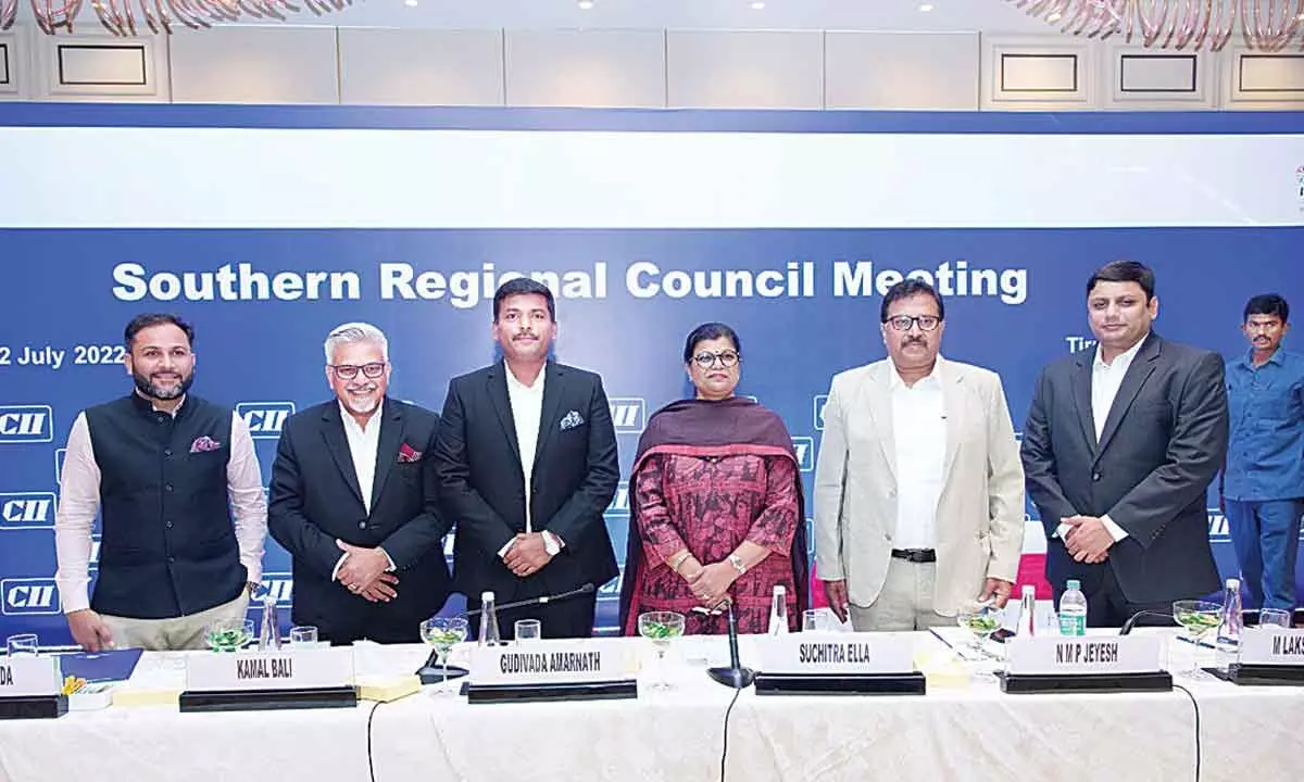 Minister for industries Gudivada Amarnath along with a few industrialists at the southern regional council meeting of CII in Tirupati on Friday