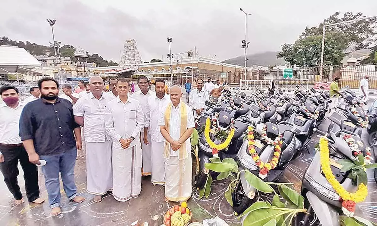 Chennai TVS Motors Company donates 25 electric scooters worth Rs 30 lakh to TTD on Friday. The vehicles were formally handed over to TTD EO A V Dharma Reddy by the company oficials.