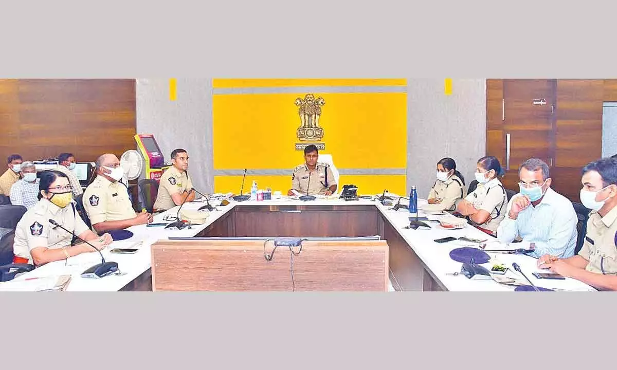 Commissioner of Police Kanti Rana Tata addressing the police officials at a crime review meeting in Vijayawada on Friday