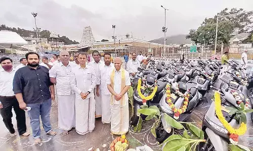 Chennai TVS Motors Company donates 25 electric scooters worth Rs 30 lakh to TTD on Friday. The vehicles were formally handed over to TTD EO A V Dharma Reddy by the company oficials.