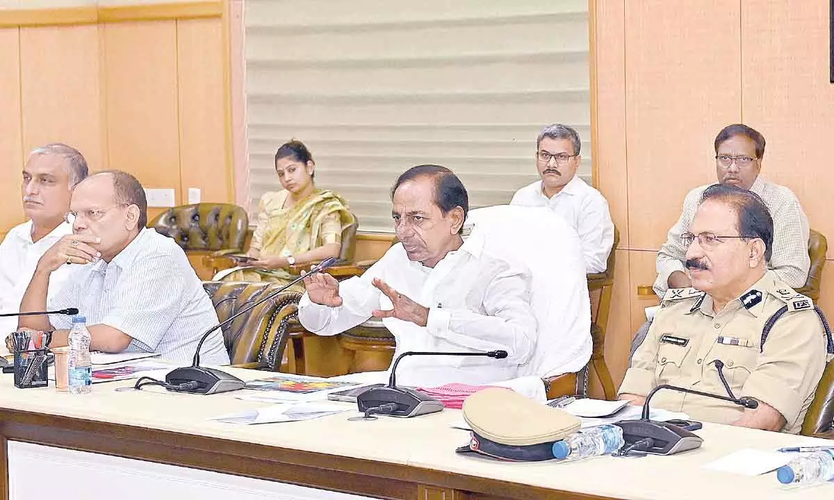 Chief Minister K Chandrashekar Rao reviewing flood situation, in Hyderabad on Saturday