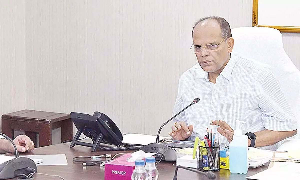 Chief Secretary Somesh Kumar holding a teleconference with senior officials and District Collectors in Hyderabad on Saturday