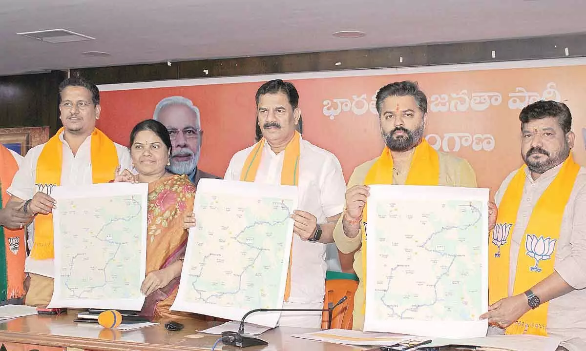 Dr G Manohar Reddy, the BJP State vice-president and others releasing the road map of State BJP chief Bandi Sanjay Kumar’s Yatra in Hyderabad on Saturday