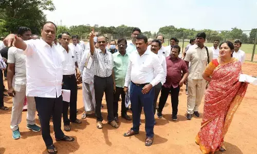 TTD JEO Veerabrahmam, Rajya Sabha member V Prabhakar Reddy, Delhi TTD advisory board president V Prasanti inspecting the ACSR stadium where Vaibhavotsavam will be held, in Nellore on Saturday