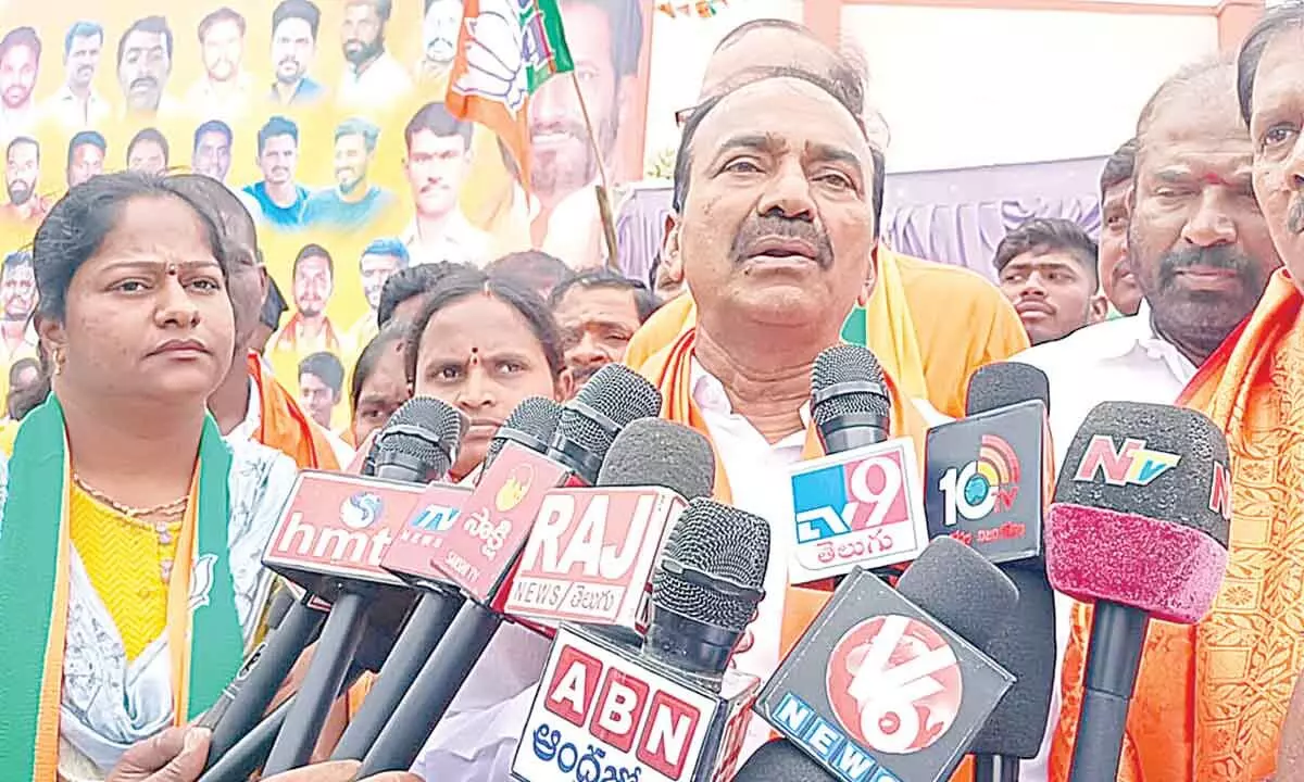 BJP MLA Eatala Rajender speaking to media persons at Kaverammapet in Jadcherla on Monday