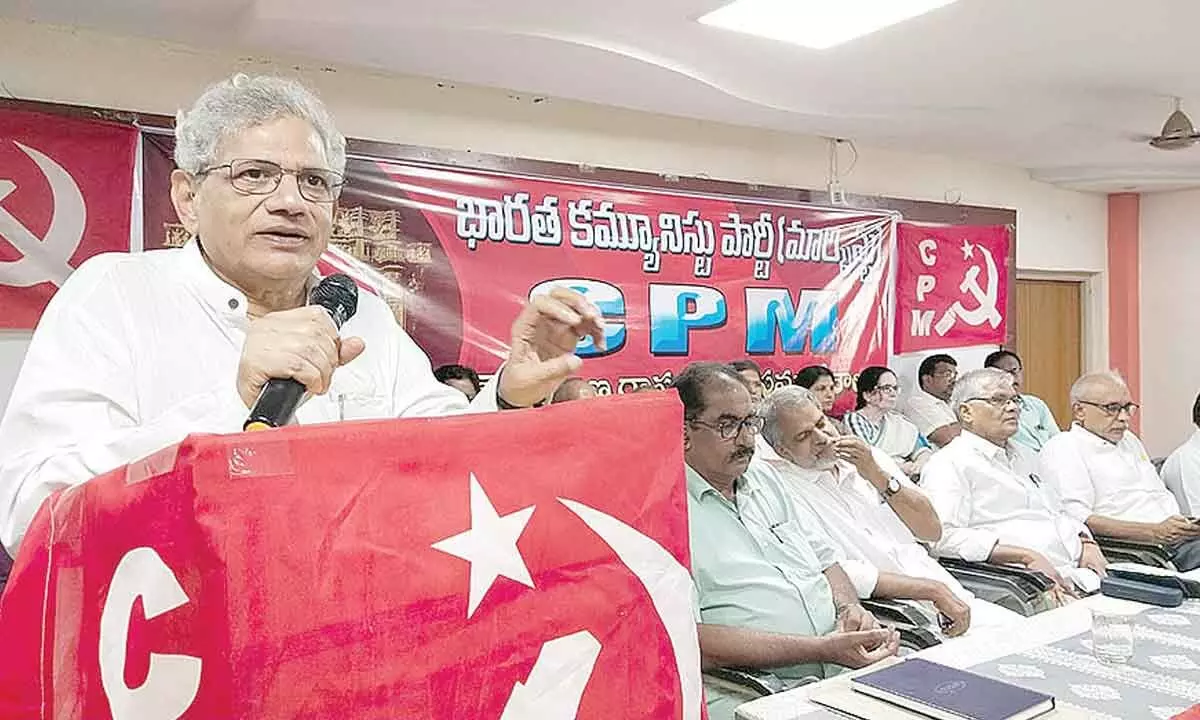 CPM national general secretary Sitaram Yechury speaking at the party’s three-day meeting in Kazipet on Monday