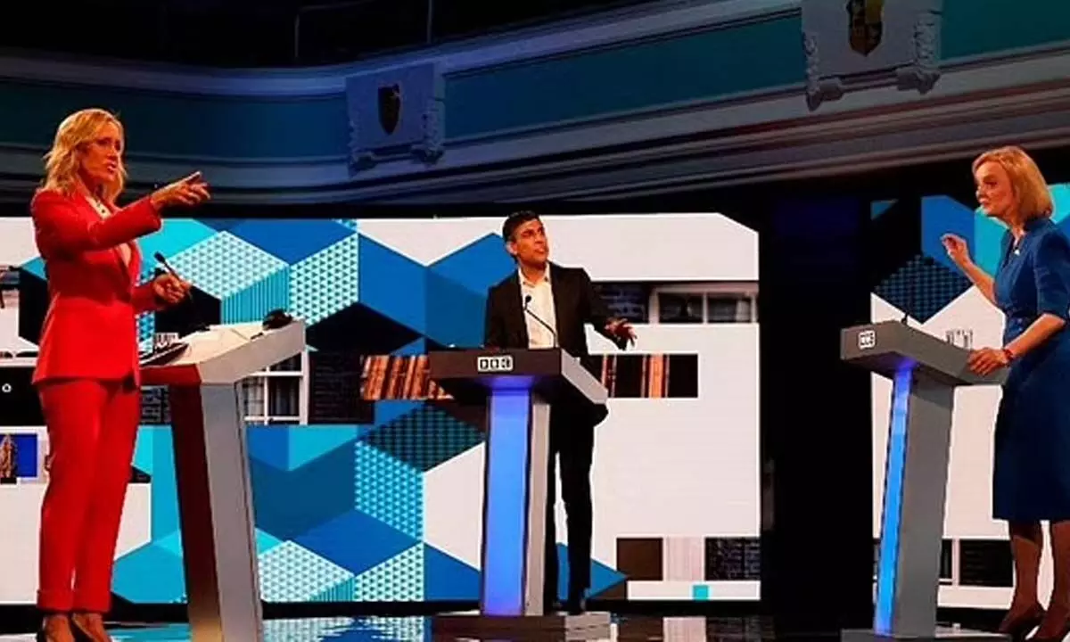 Liz Truss, right, and Rishi Sunak take part in the BBC Conservative Party leadership debate in Stoke-on-Trent, England. (Photo | AP)