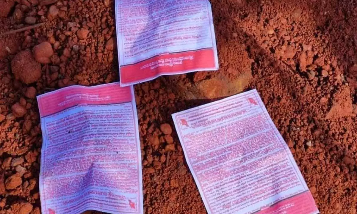 Pamphlets purportedly released by the CPI-Maoists were found in Venkatapuram mandal of Mulugu district on Wednesday