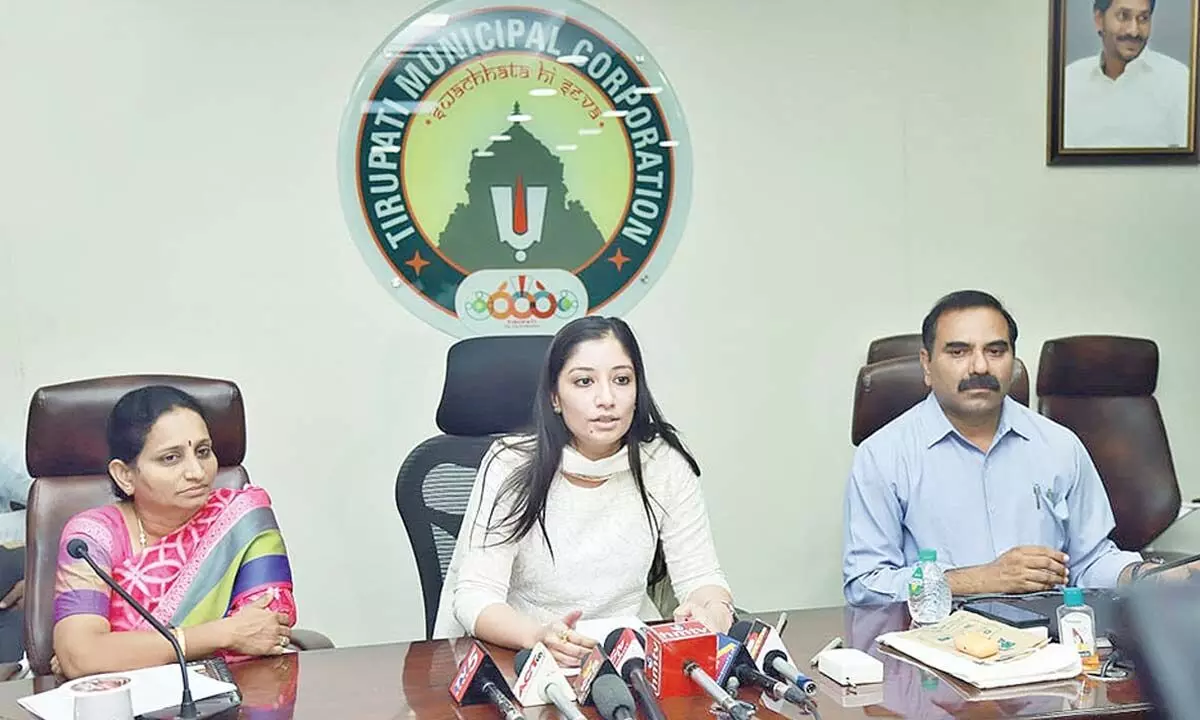 Municipal Commissioner Anupama Anjali addressing media persons at the municipal office in Tirupati on Wednesday. Additional Commissioner Suneetha and Deputy Commissioner Chandramouleeswar Reddy are also seen.