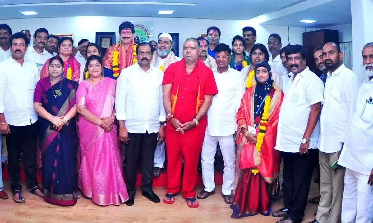 GVMC Standing Committee members along with the former ministers and other party leaders in Visakhapatnam on Wednesday