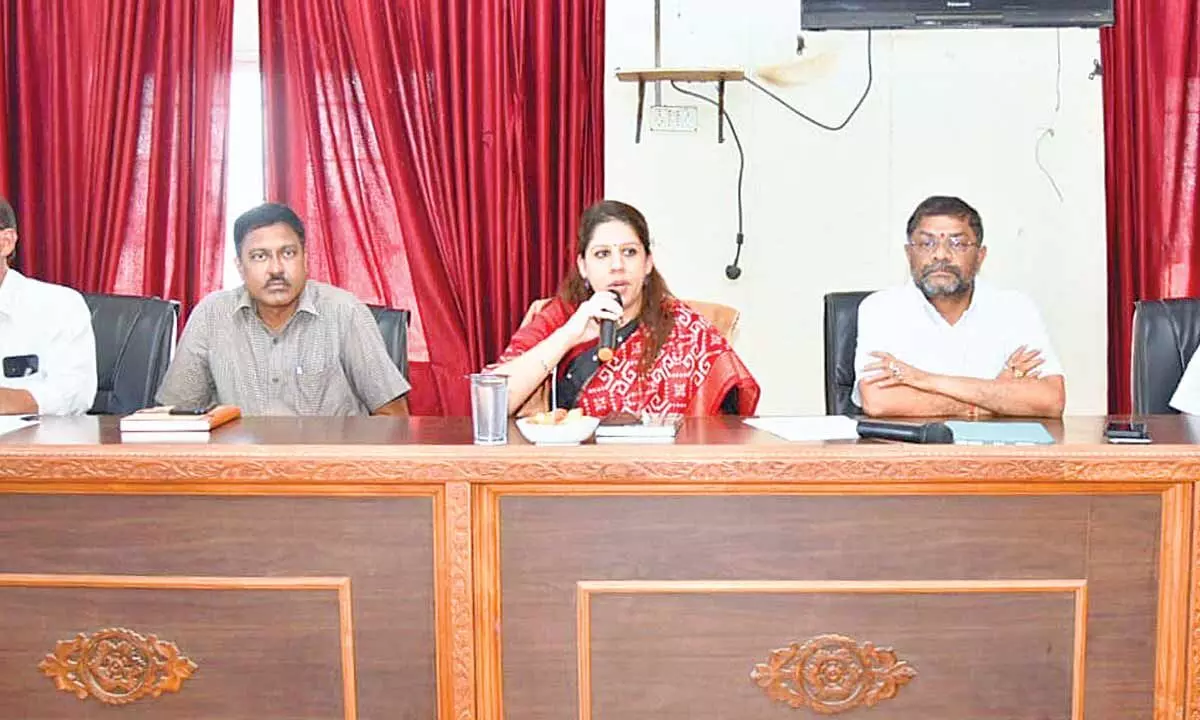 District Collector Kritika Shukla addressing a meeting at the Collectorate in Kakinada  on Wednesday