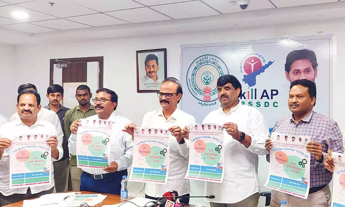 APSSDC Advisor Challa Madhusudhan Reddy, Chairman Ajay Reddy and MD Satyanarayana releasing Skill Development Job Mela Calendar at APSSDC office in Tadepalli on Wednesday