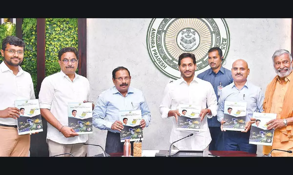 Chief Minsiter Y S Jagan Mohan Reddy along with energy minister Peddireddi Ramachandra Reddy and officials releasing  a booklet with comprehensive information on pumped storage projects during a review on energy at his camp office in Tadepalli on Thursday