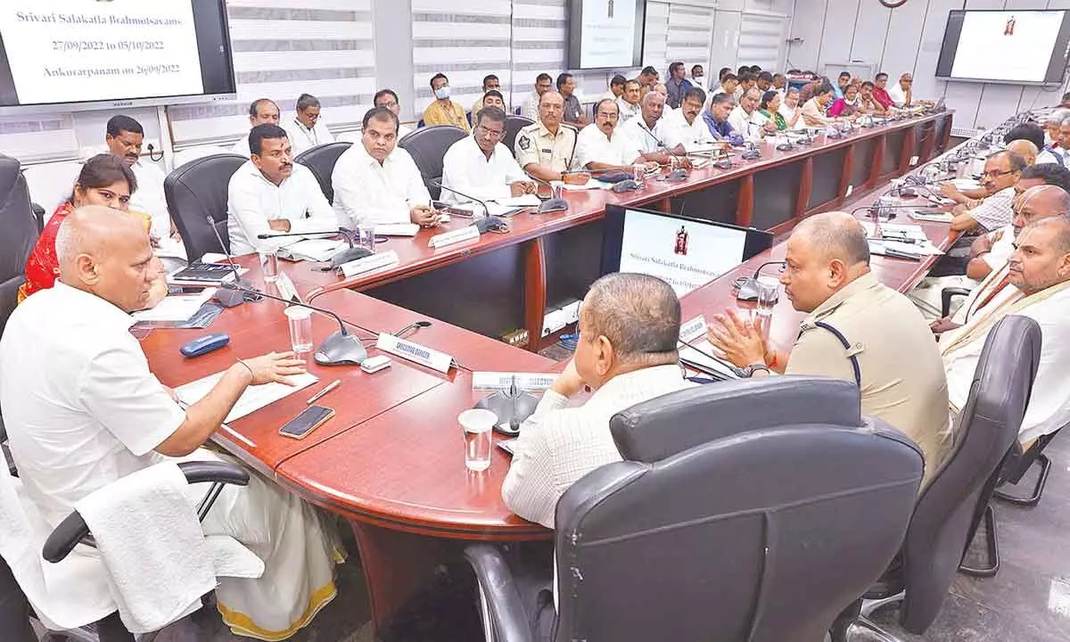 TTD EO A V Dharma Reddy holds a meeting with district officials on arrangements for smooth conduct of annual Brahmotsavams, at in Tirumala on Thursday. District collector K Venkataramana Reddy and others took part in the meet.
