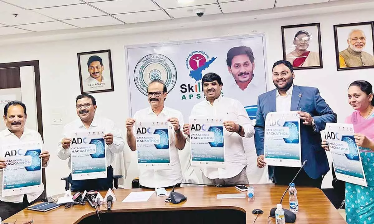 Advisor to Govt (SD&T) Challa Madhusudan Reddy, APSSDC Chairman Konduru Ajay Reddy, Managing Director S Satyanarayana and IES CEO and MD Raj Vangapandu releasing posters for the forthcoming Hackathon at APSSDC office at Tadepalli on Thursday