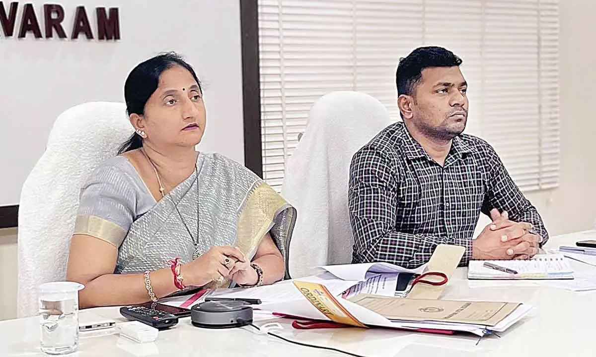 District Collector  K Madhavi Latha and Joint Collector Ch Sridhar attending a  State-level videoconference with AP Chief Electoral Officer MK Meena, in Rajamahendravaram on Thursday