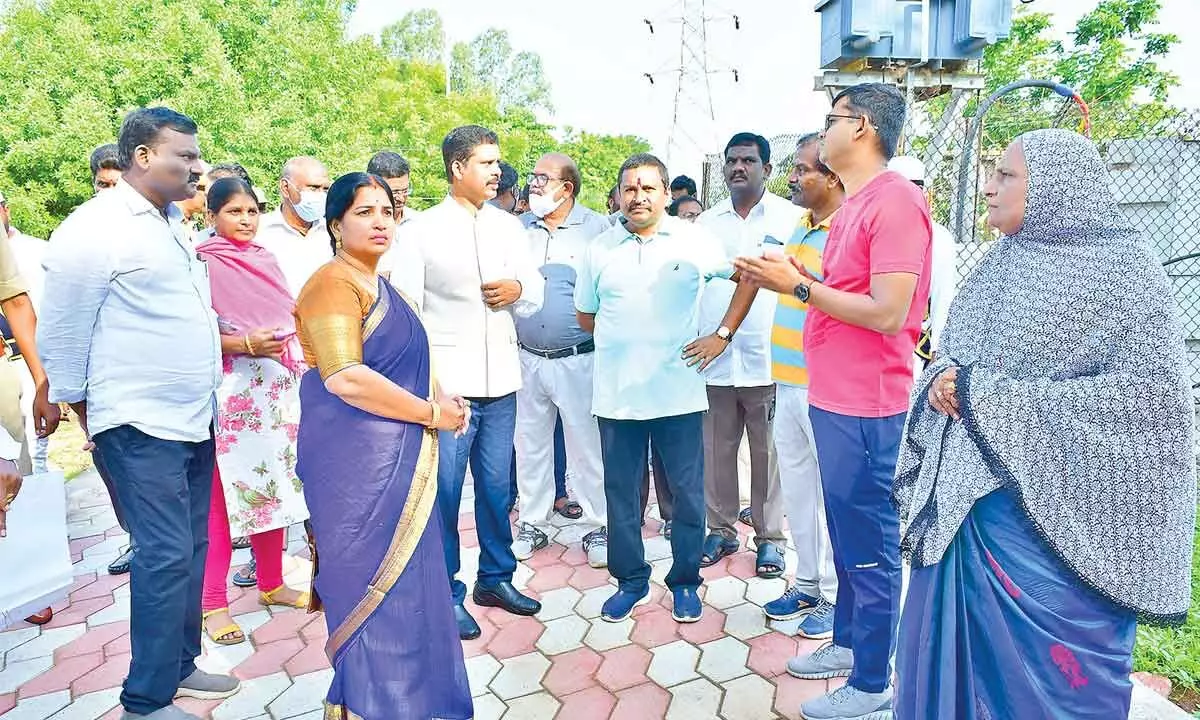NTR District Collector S Dilli Rao, Vijayawada Mayor R Bhagyalakshmi and West MLA Vellampalli Srinivas discussing Rail-over-Bridge issue at the Foreman Bungalow in Vijayawada on Saturday