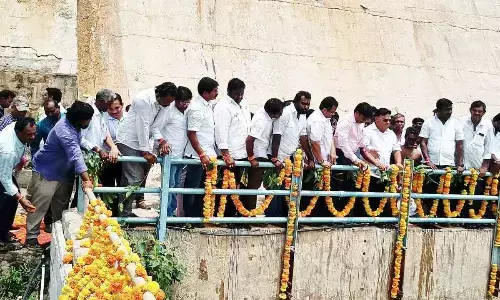 Water Resources Minister Ambati Rambabu releasing water into NSP right canal at Vijayapuri south in Palnadu district on Sunday