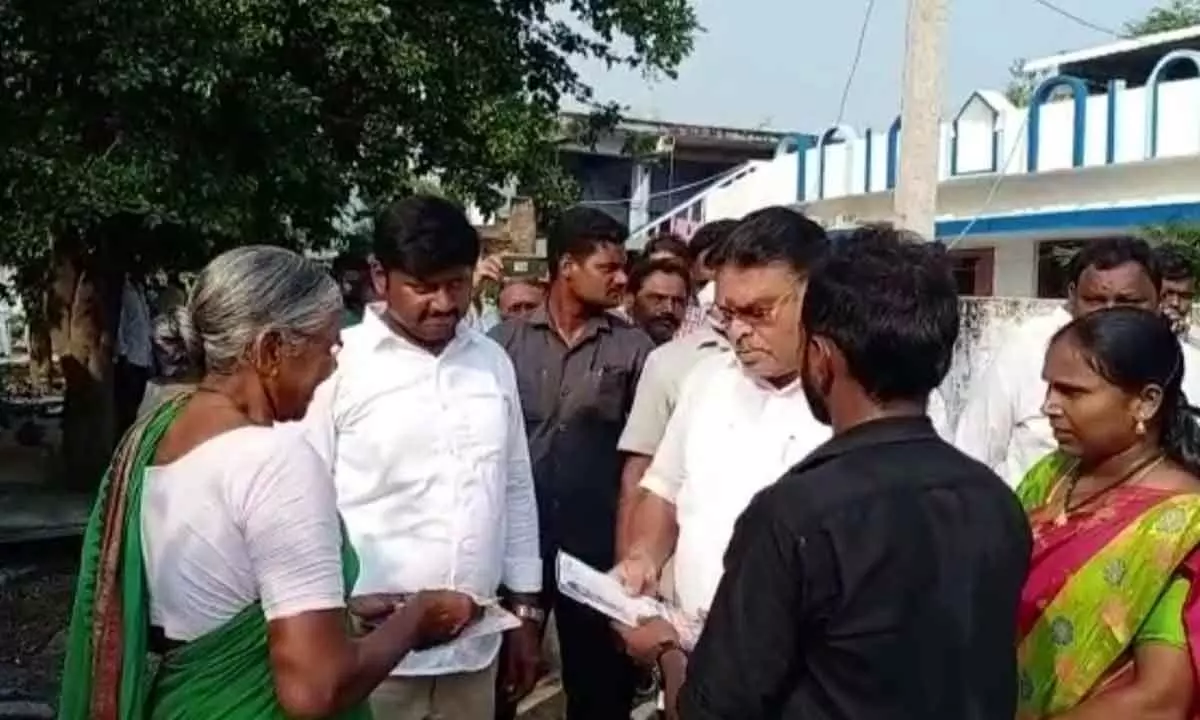 Water Resources Minister Ambati Rambabu interacting with people during ‘Gadapa Gadapaku Mana Prabhutvam’ programme at SC Colony in Rajupalem  on Monday