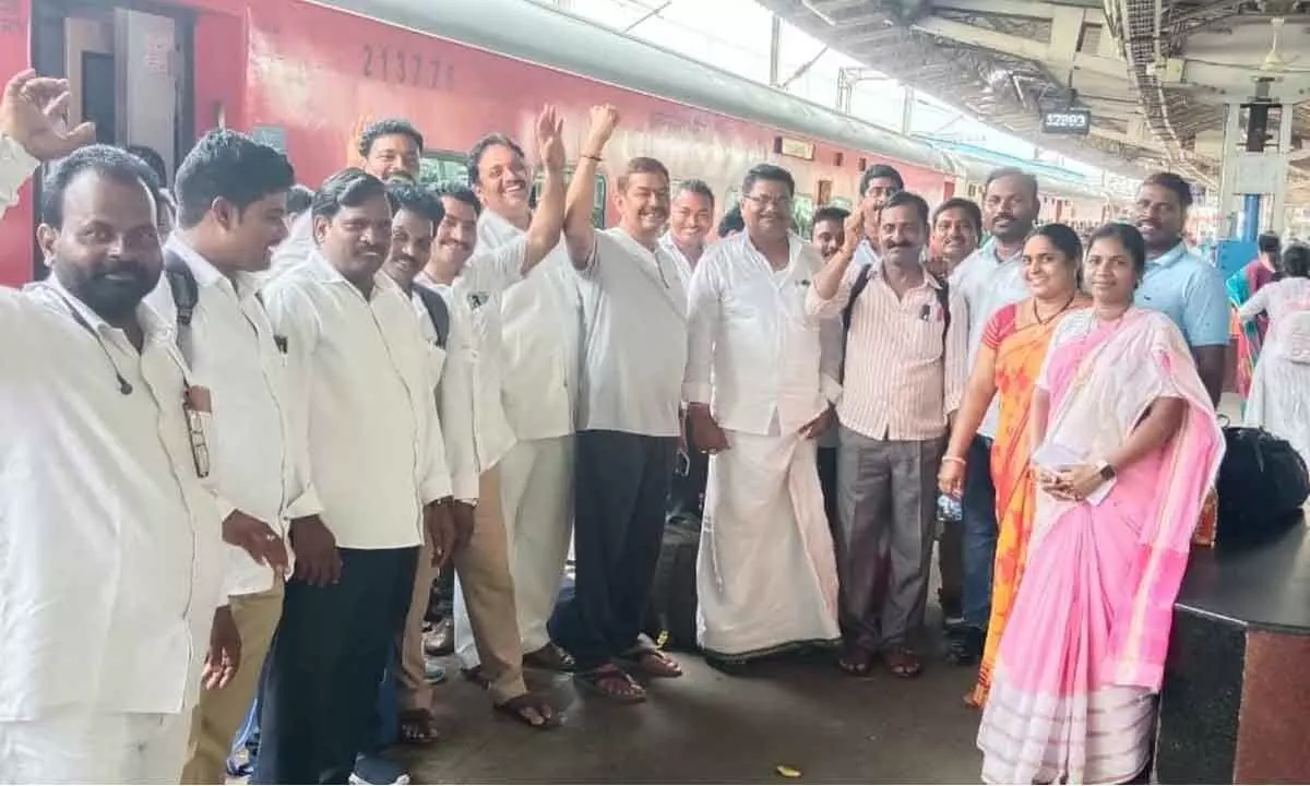 Sarpanches leaving for Delhi at Vijayawada railway station on Monday