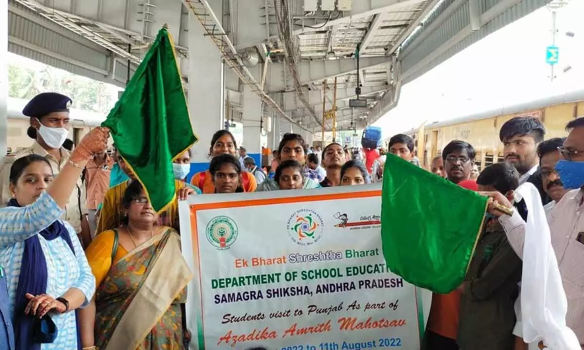 Students of various schools across the State at Vijayawada railway station on Monday