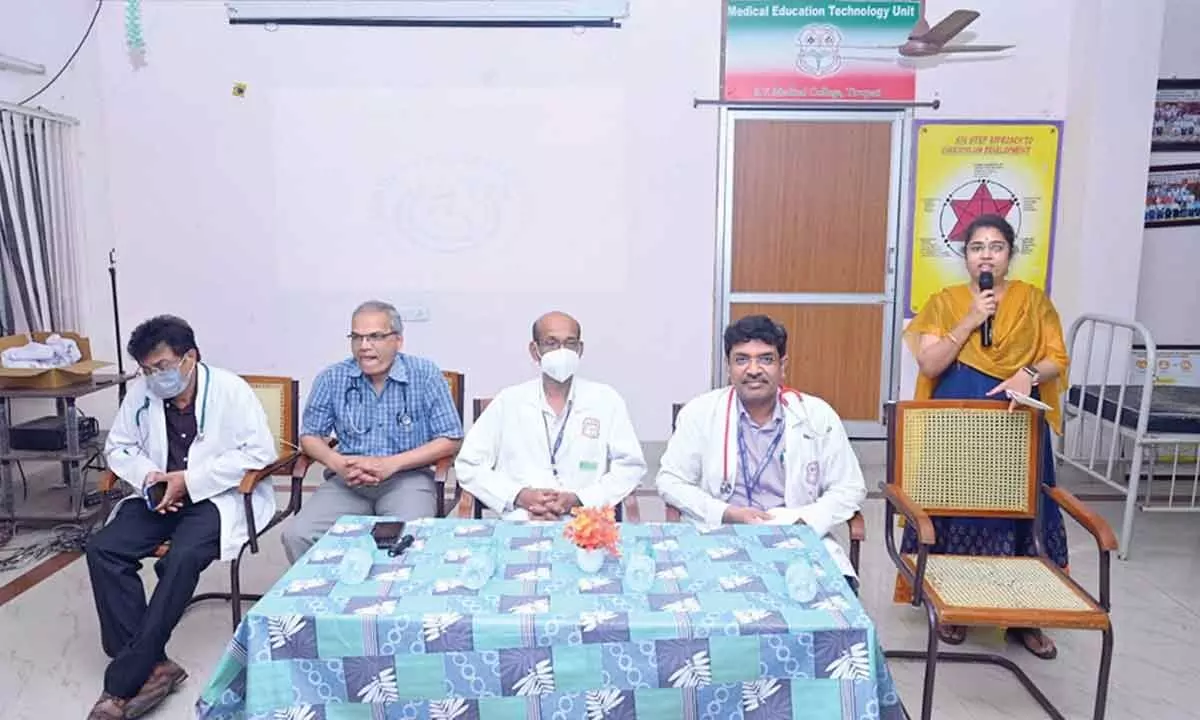 An awareness programme on breastfeeding being held at the paediatrics wing of the Ruia hospital in Tirupati on Monday. SV Medical College Principal  Dr P A Chandrasekharan and Dr A S Kireeti are also seen.