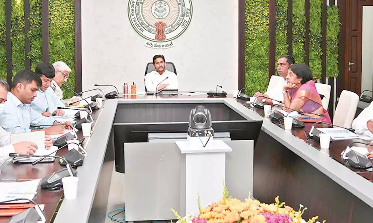 Chief Minister Y S Jagan Mohan Reddy holds a review on housing at his camp office in Tadepalli on Monday