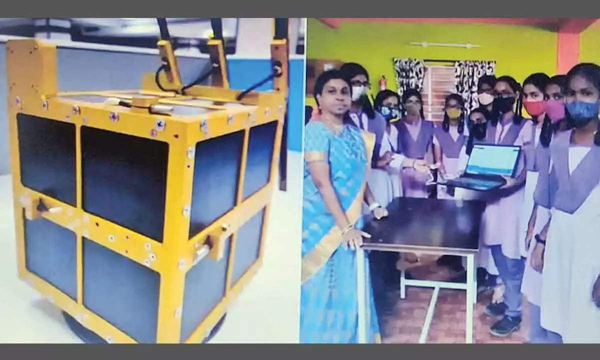 Students of ZP Girls High School, Narayanavanam in Tirupati district, who take part in the AzaadiSat