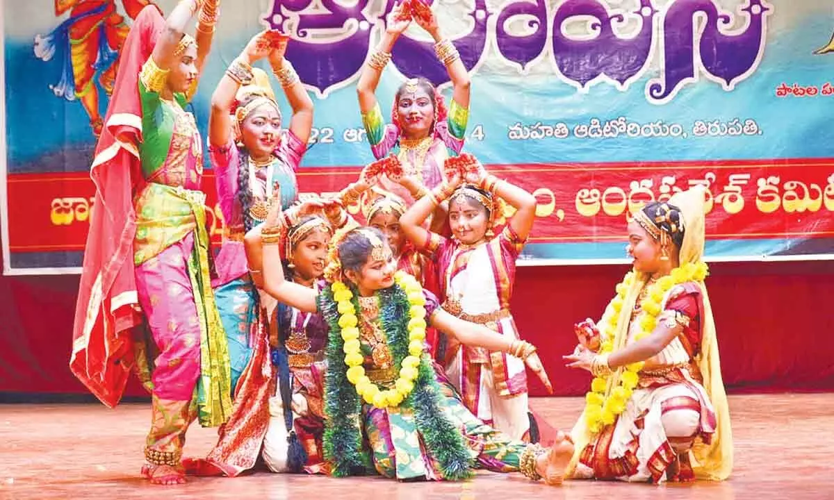 Artistes performing Kuchipudi dance on the second day of Aalapana at Mahati Auditorium in Tirupati on Tuesday